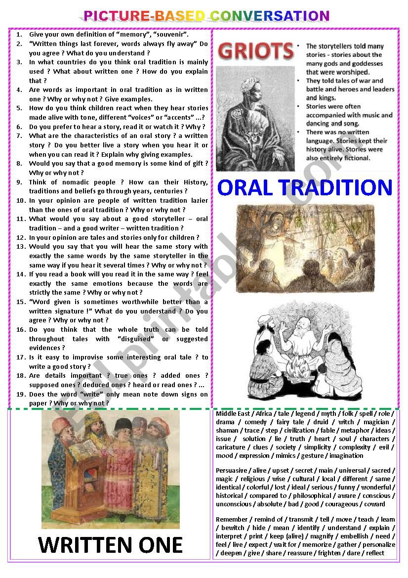 Picture-based conversation : topic 94 - oral tradition vs written tradition.