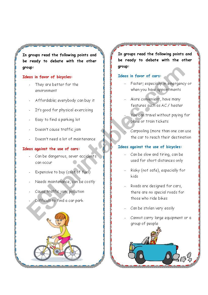 Cars vs. bicycles worksheet