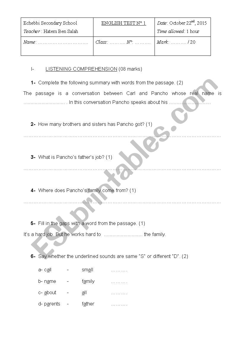 mid term test 1 for second year secondary education