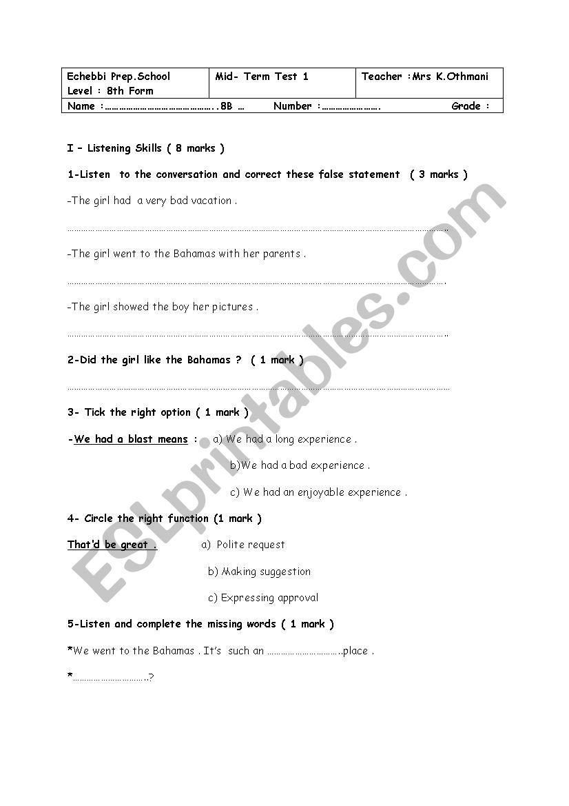 Mid term test 1 ( 8th form) worksheet
