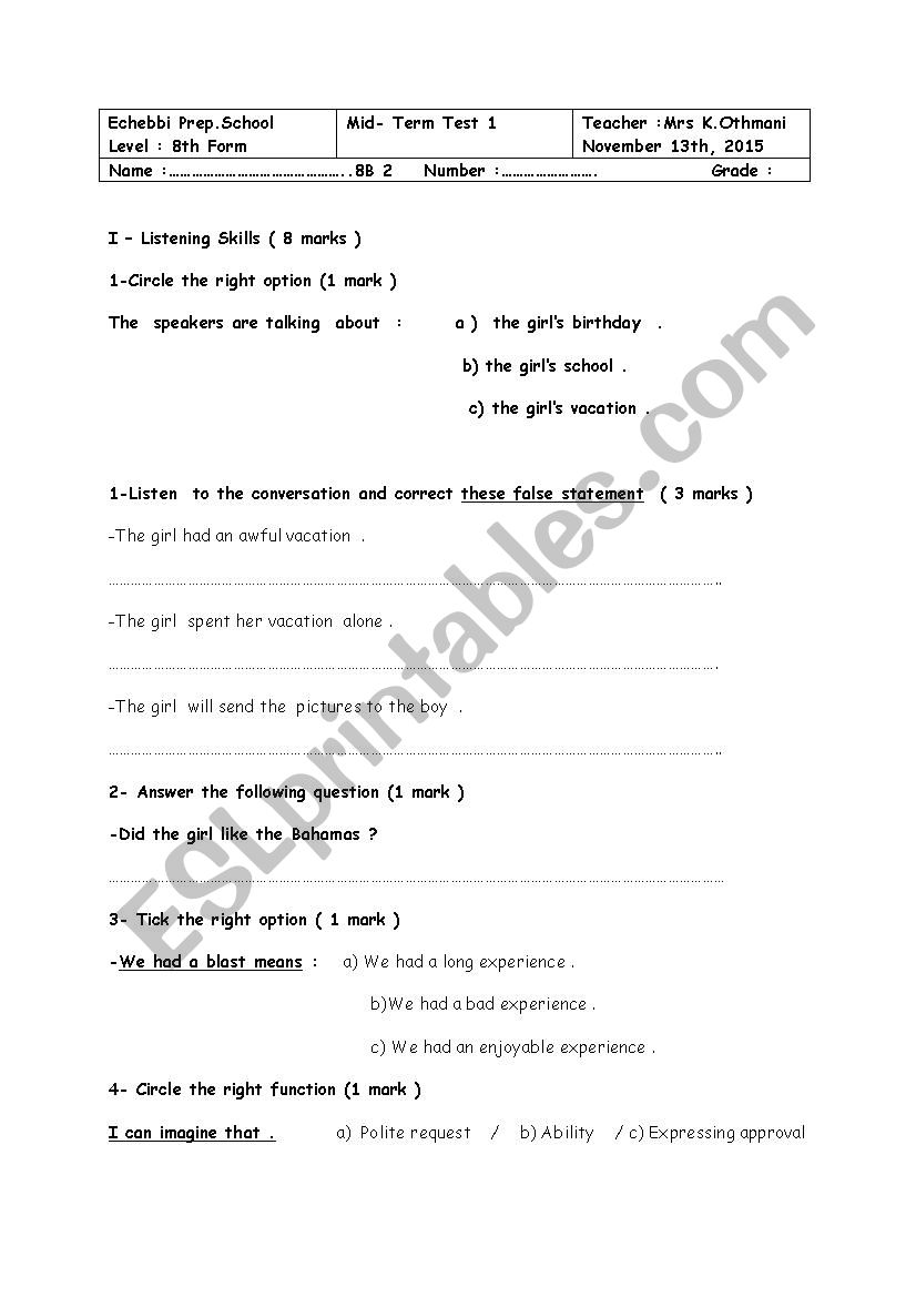 Mid term test 1 ( 8th form) worksheet