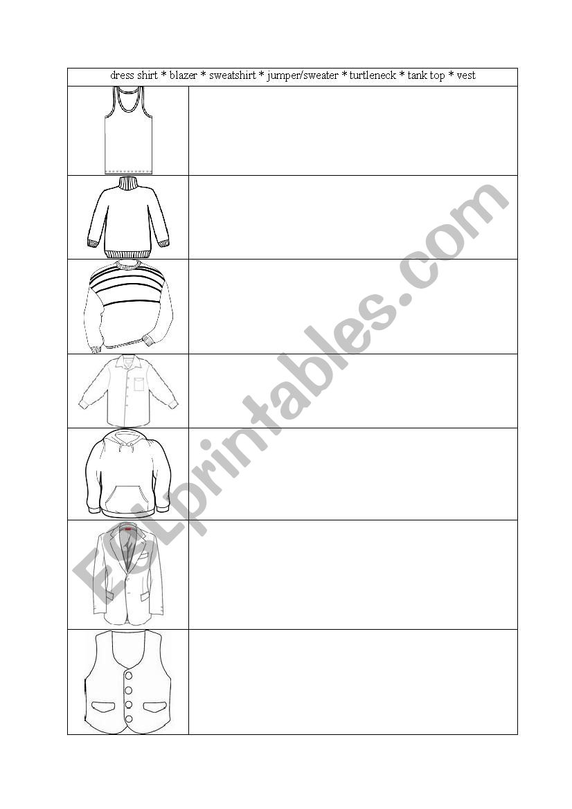 Types of tops (clothing) worksheet