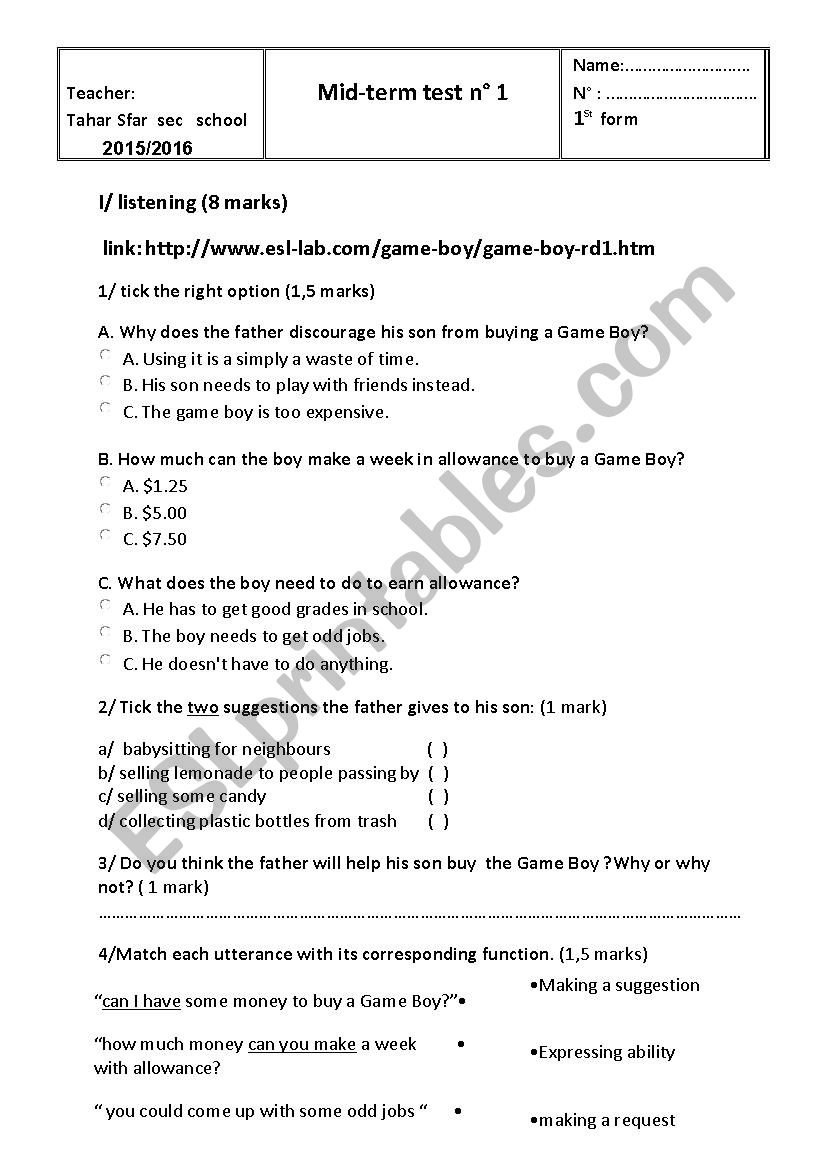Mid-term test 1   1st form worksheet