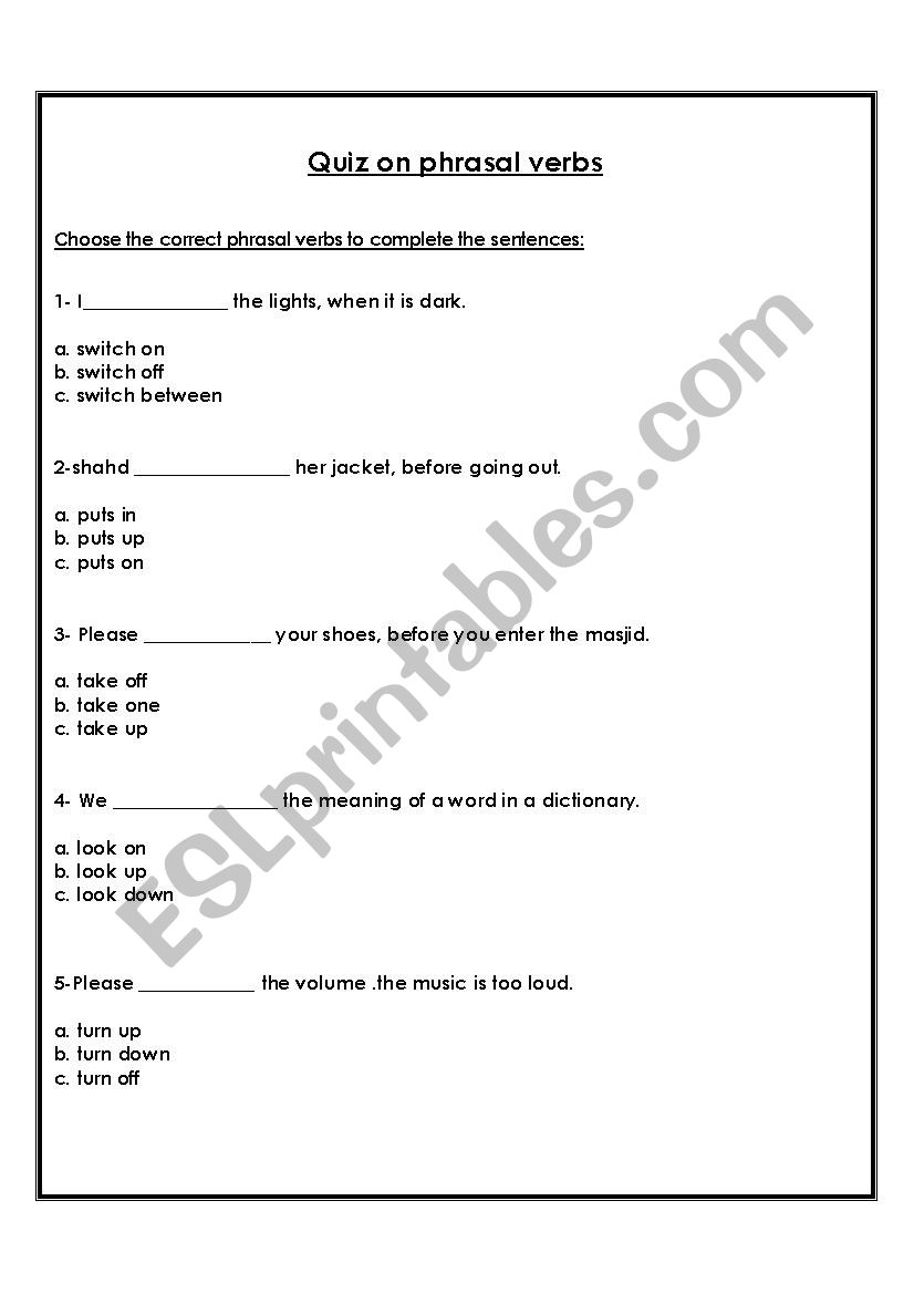 Quiz on phrasal verbs worksheet