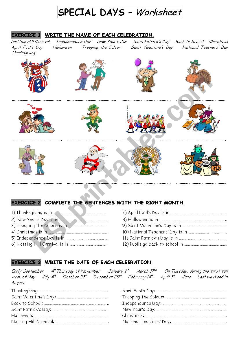 Special days worksheet