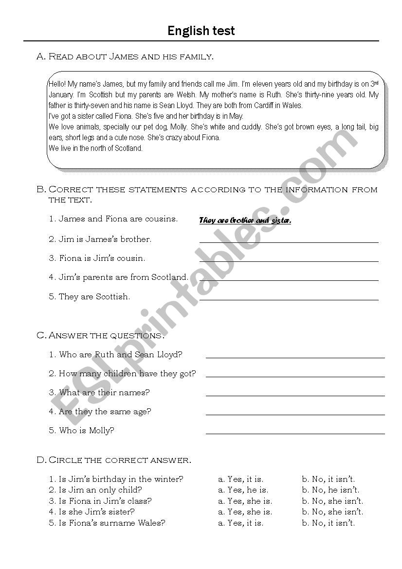 Jim and his family worksheet