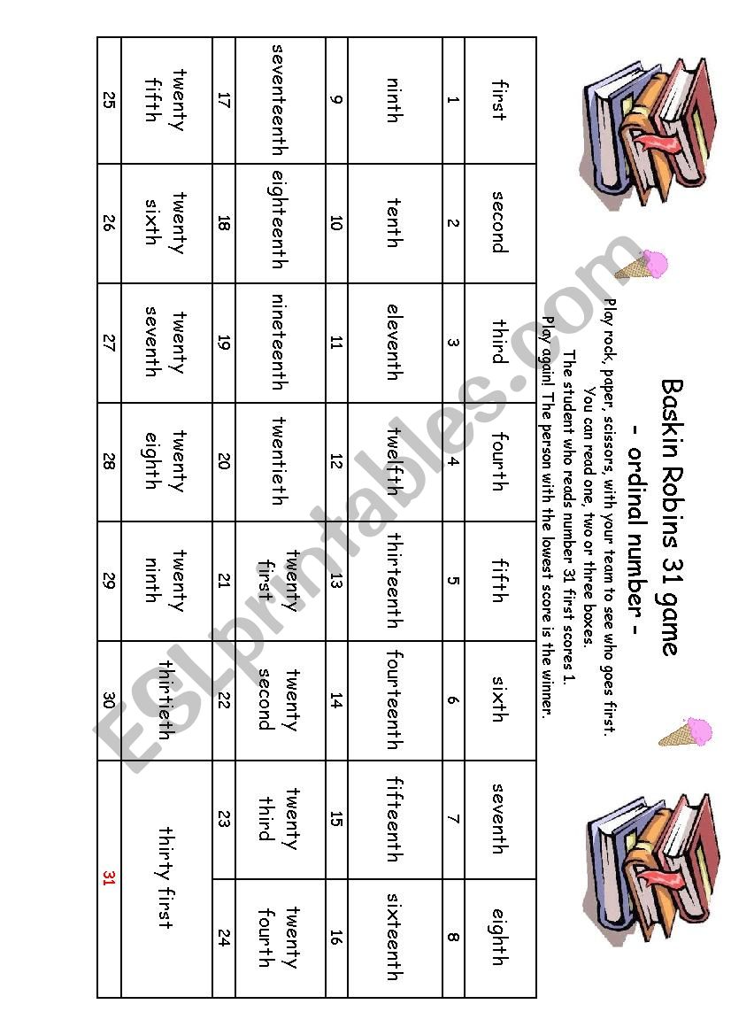 Ordinal number game-baskin Robins 31