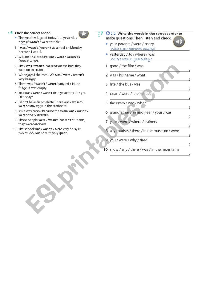 Past simple (was/were) worksheet