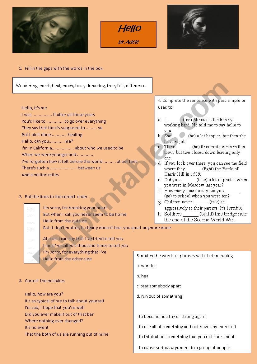 Hello (by Adele) song worksheet