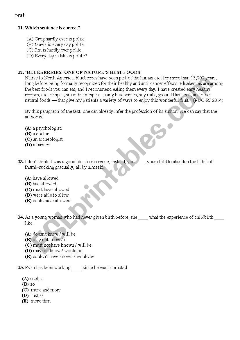 Multichoice test worksheet