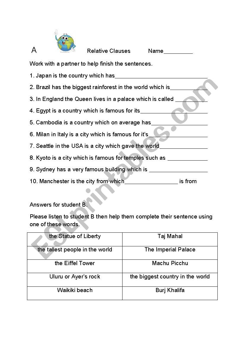 Relative clauses pairwork worksheet