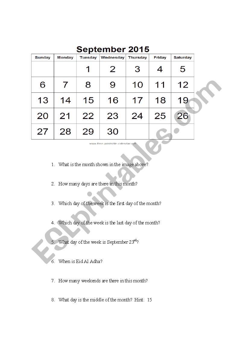 What month is shown worksheet