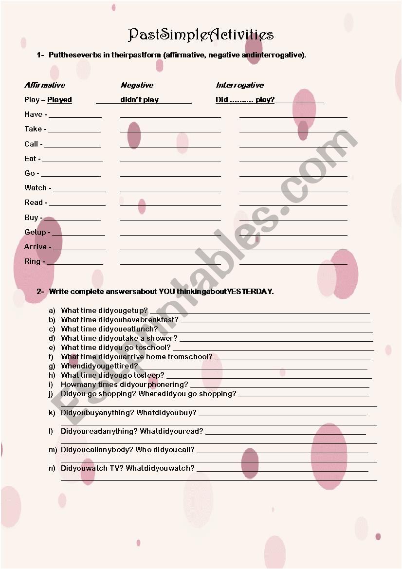 Simple Past Activities worksheet