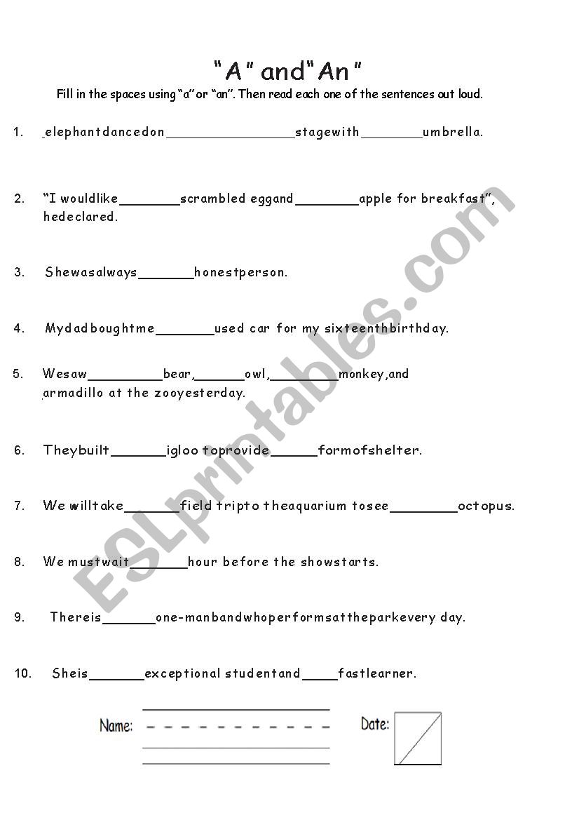 Singular a, an worksheet