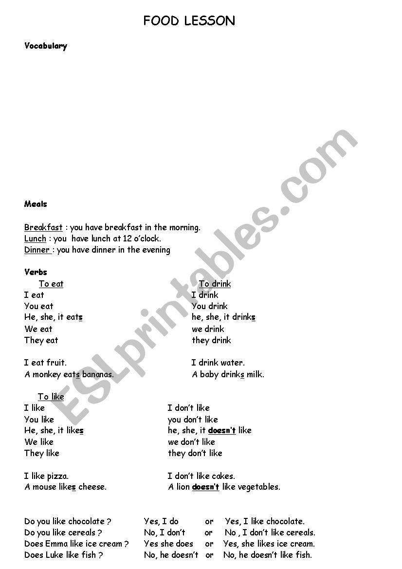 Food and Like worksheet