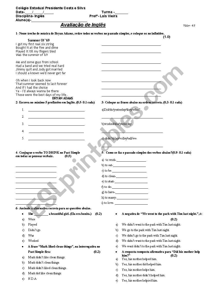 test about simple past worksheet