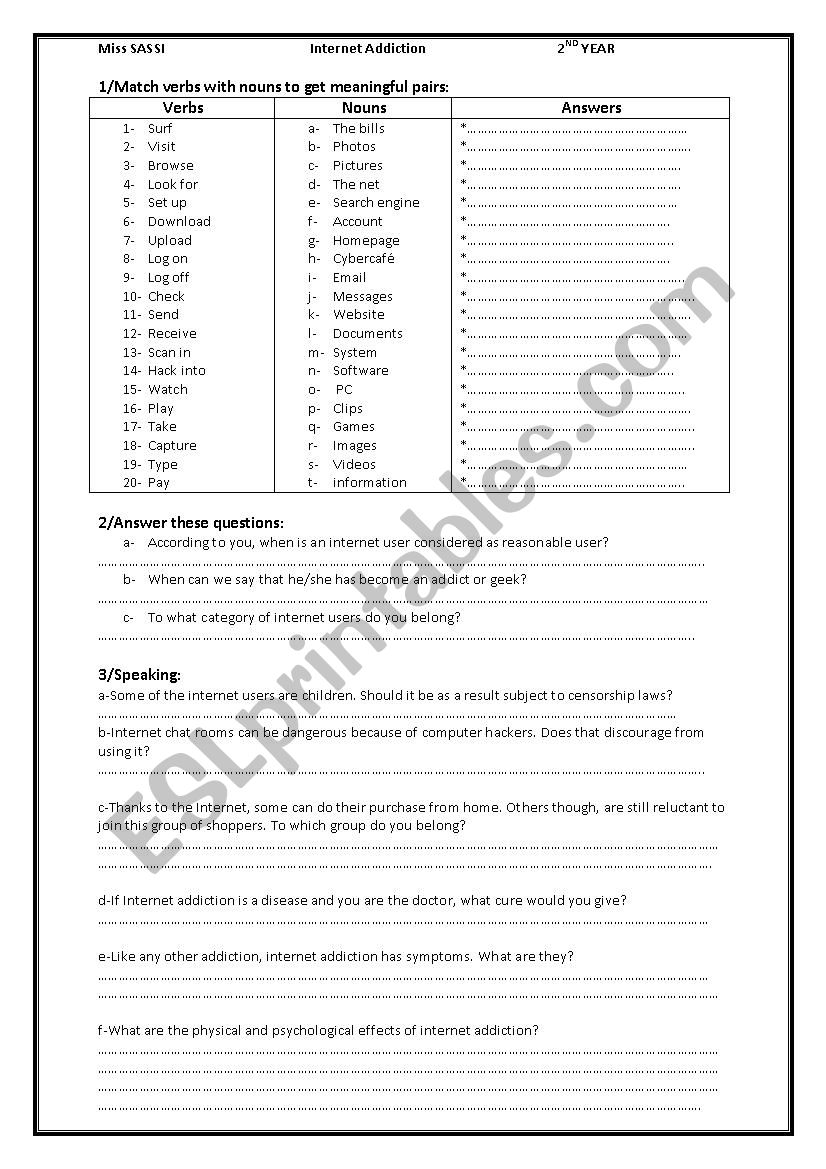 internet addiction speaking worksheet