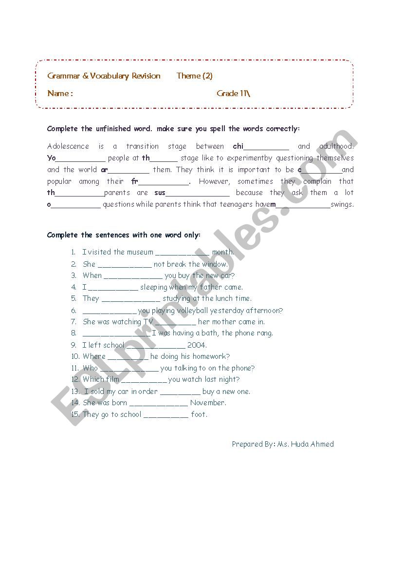 Grammar and vocabulary worksheet