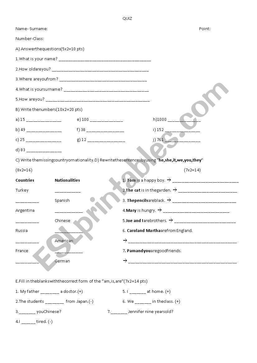 9th grade quiz worksheet