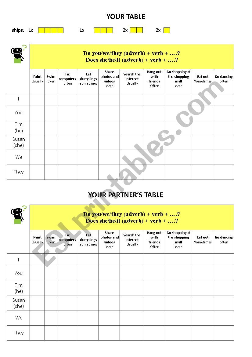 Battleship game - Simple Present and adverbs