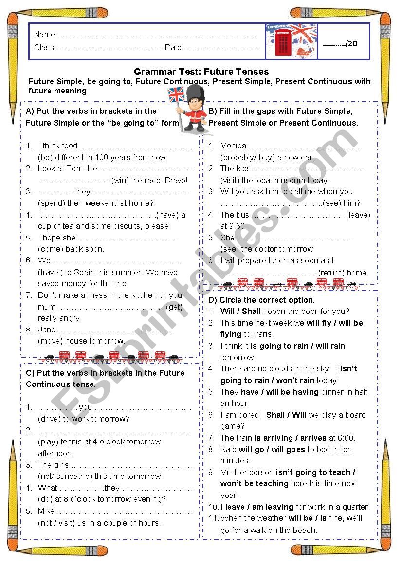 Future tenses - TEST worksheet