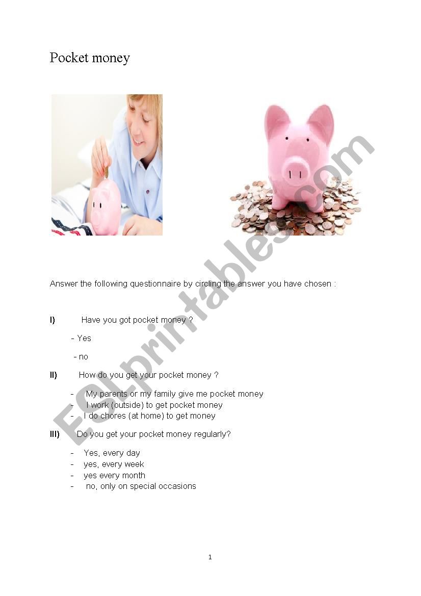 pocket money questionnaire  worksheet