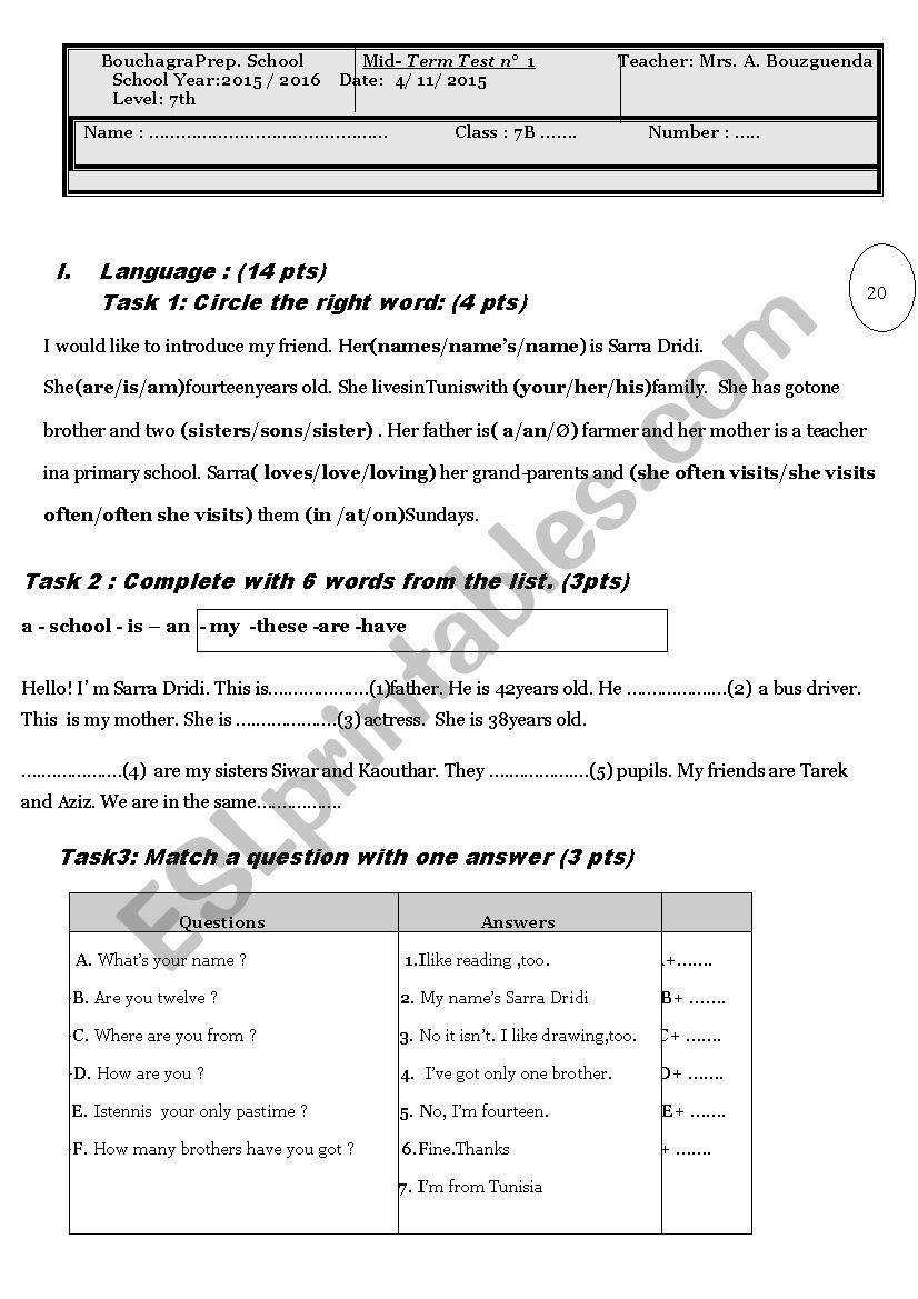 mid term test n1 7th form worksheet