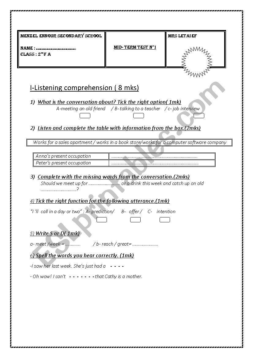 Mid Term Test N°1 2nd form - ESL worksheet by letaiefraoudha