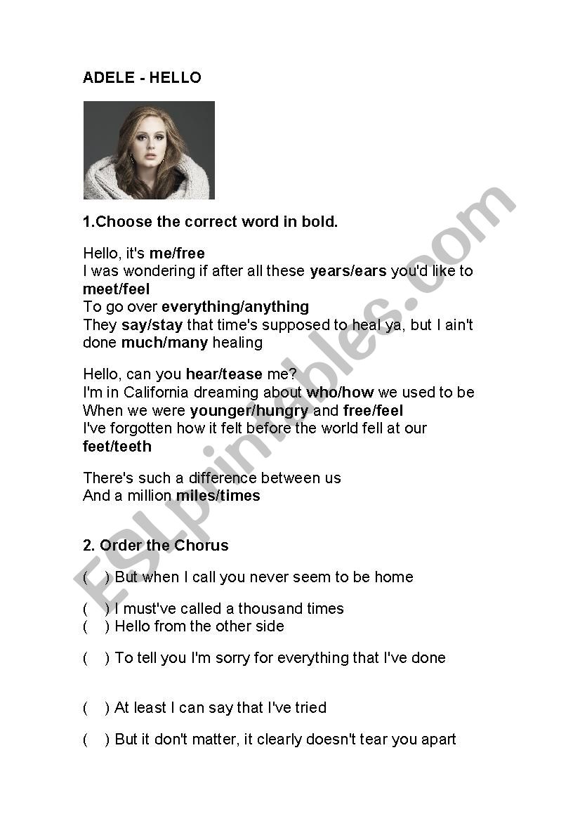 Adele - Hello  worksheet