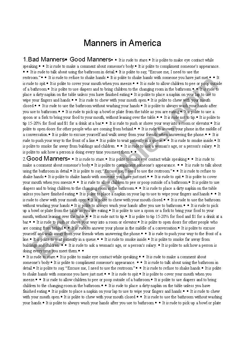 Manners in America worksheet