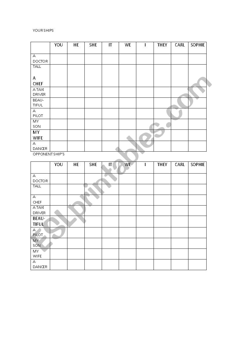 Verb Be Battleship worksheet