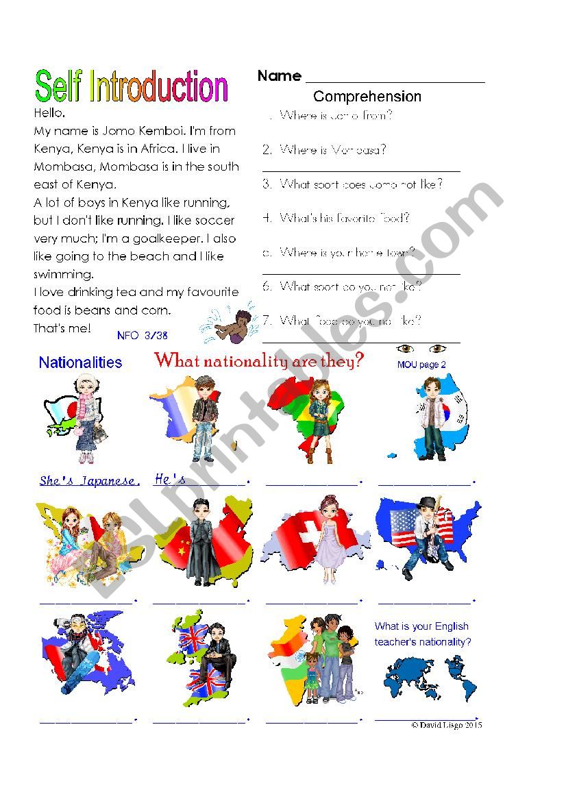 Self Introduction worksheet