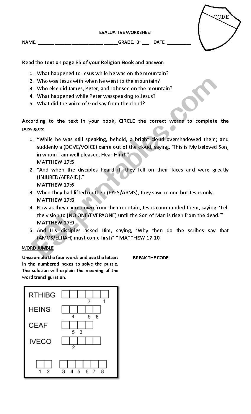 Jesus Trasnfiguration worksheet