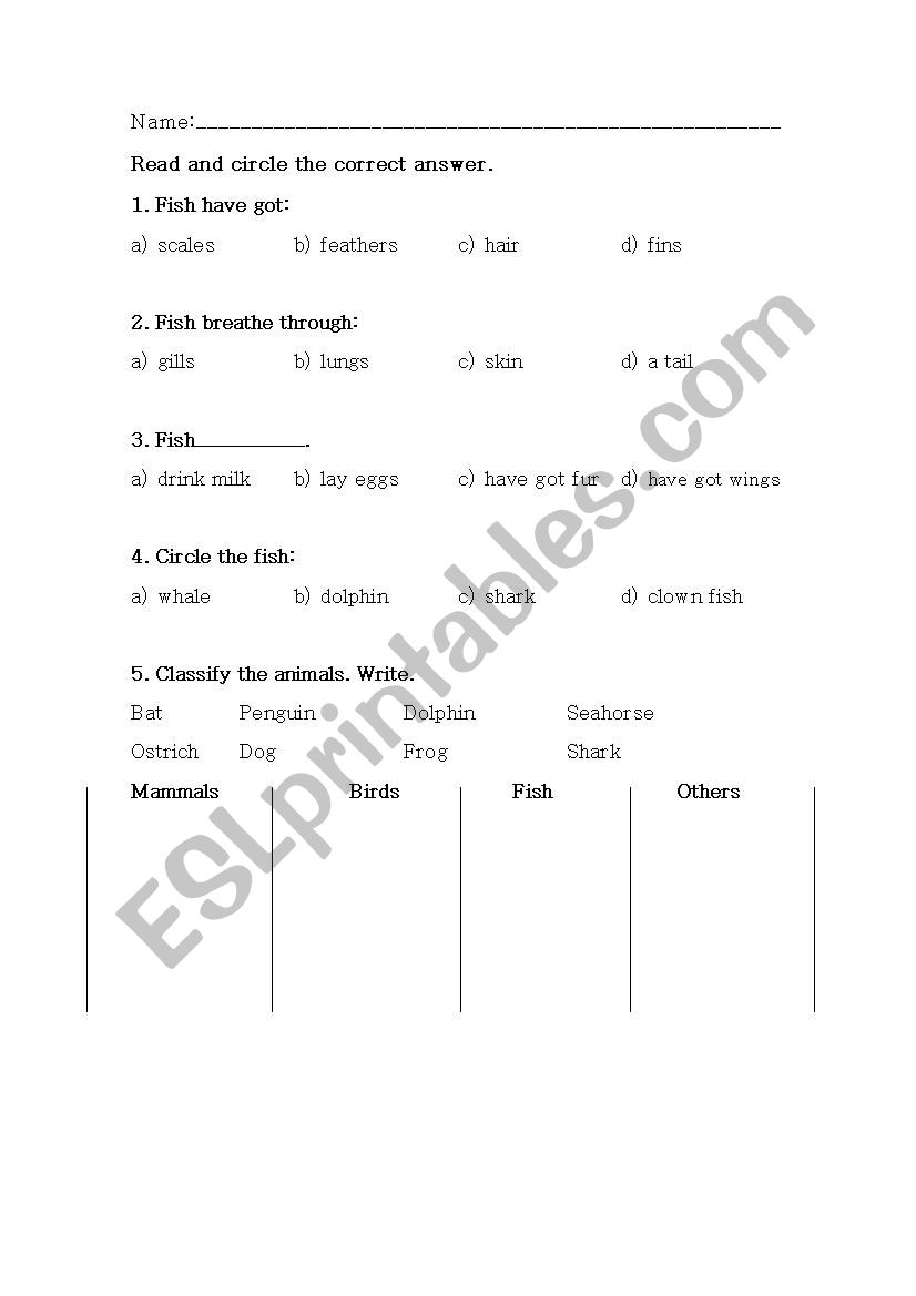 Fish charactheristics worksheet