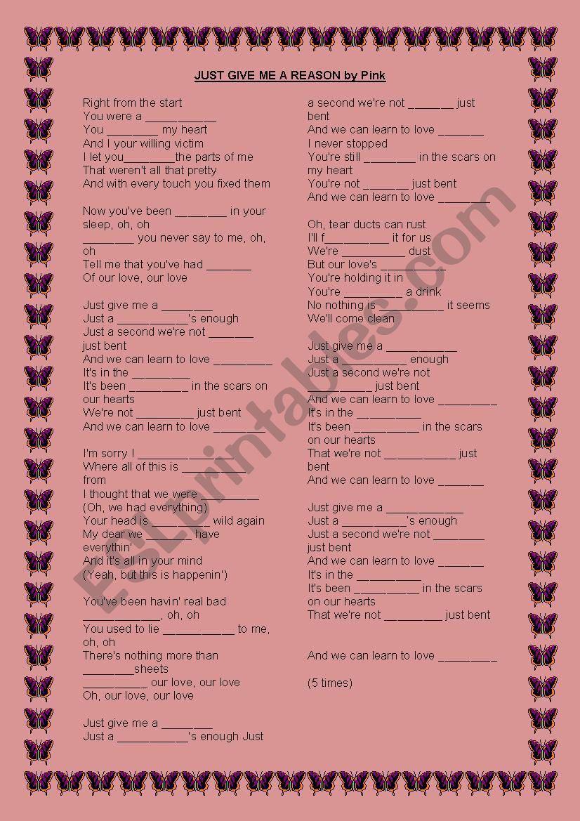 JUST GIVE ME A REASON- PINK worksheet