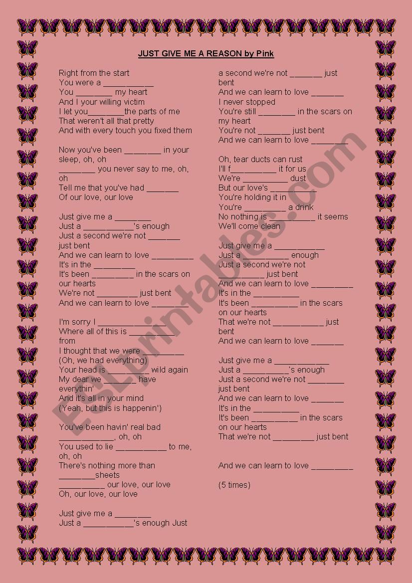 JUST GIVE ME A REASON- PINK worksheet