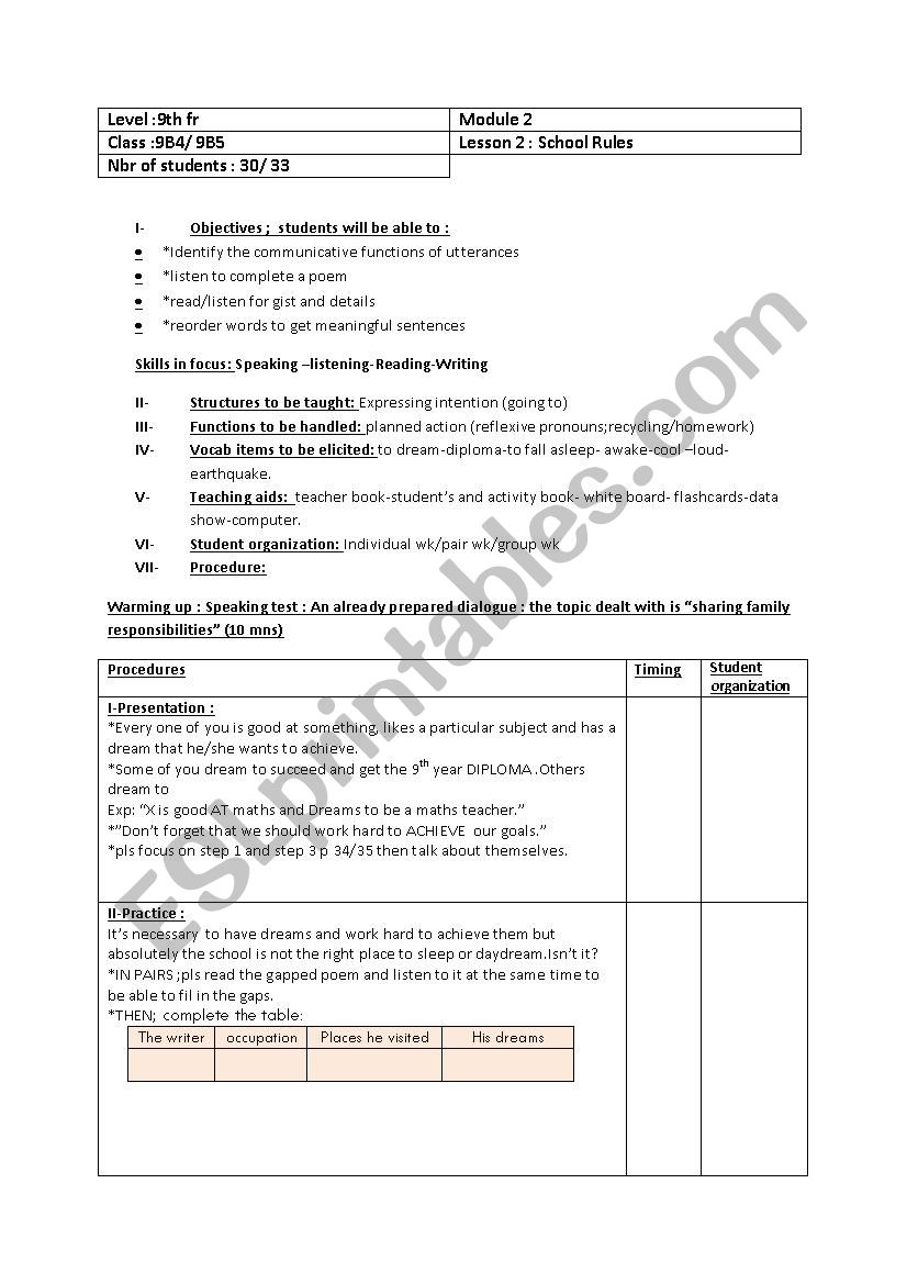 plan school rules 9th worksheet