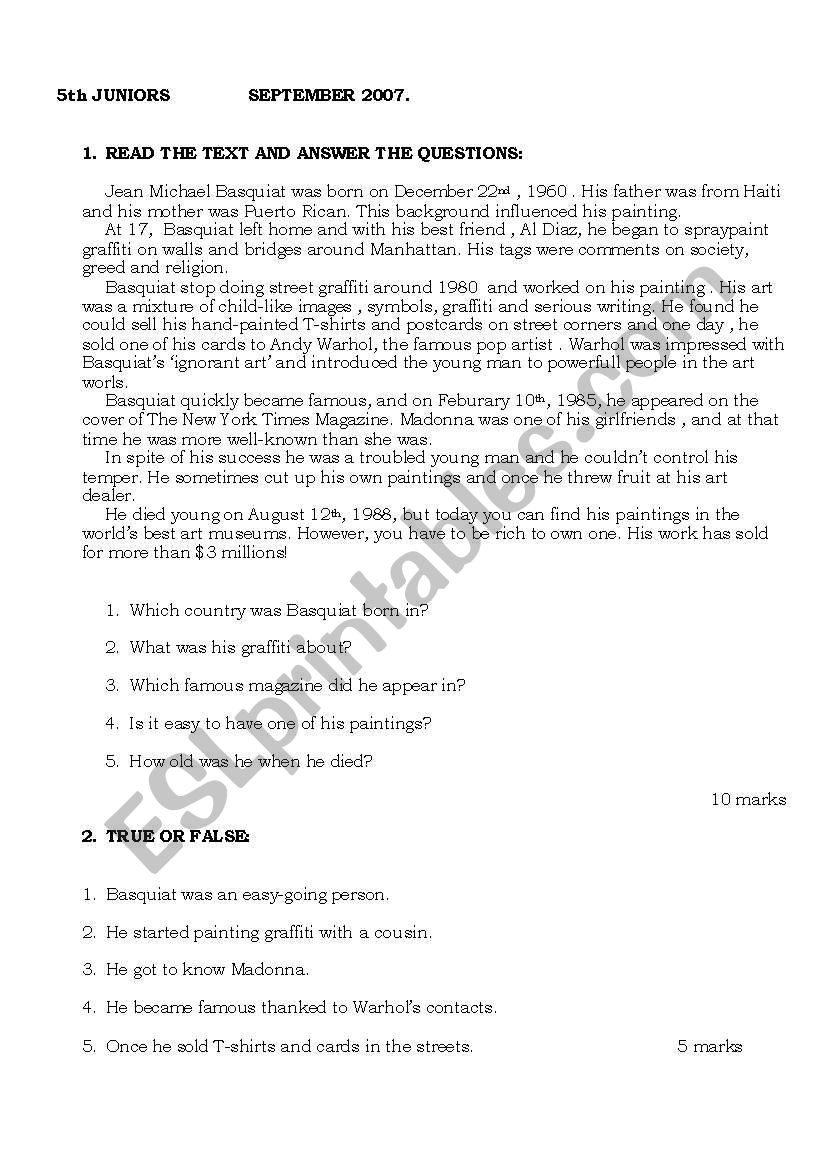 written test worksheet