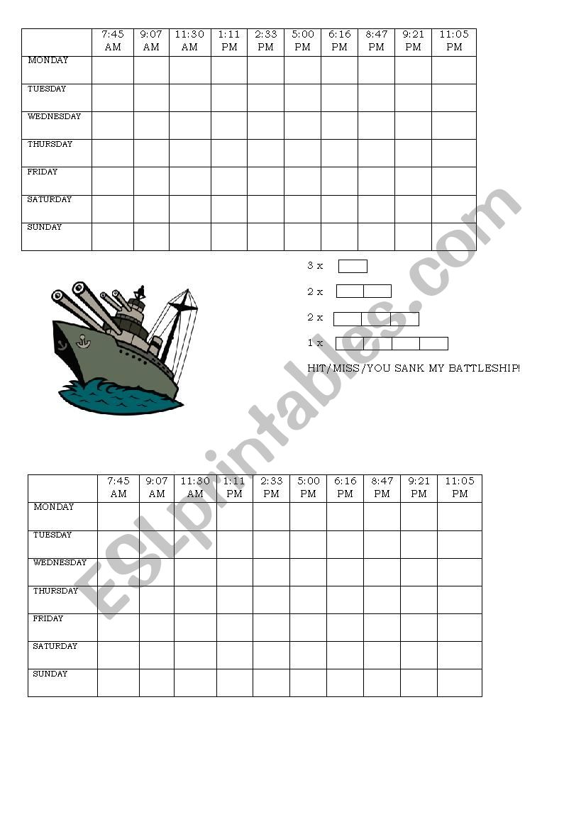 Battleship Game - days of the week & telling the time