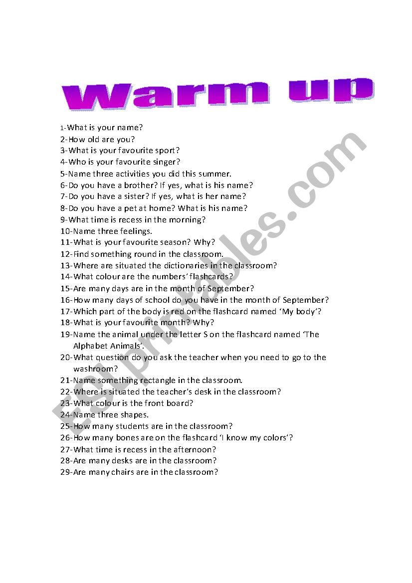 Warm up worksheet