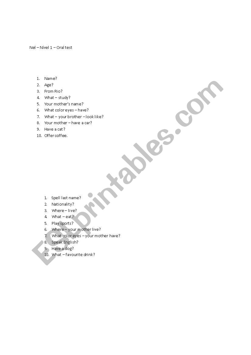 Oral test for basic students worksheet