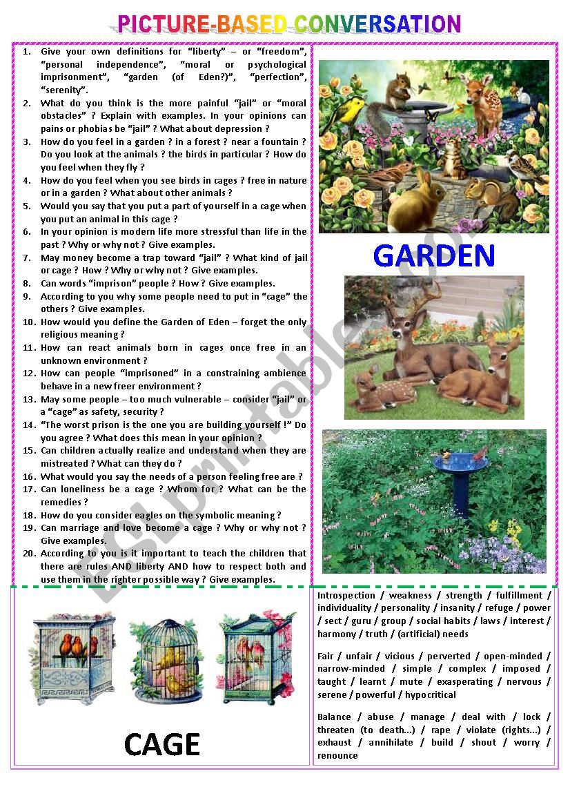 Picture-based conversation : topic 96 - cage vs garden (symbolic meaning).