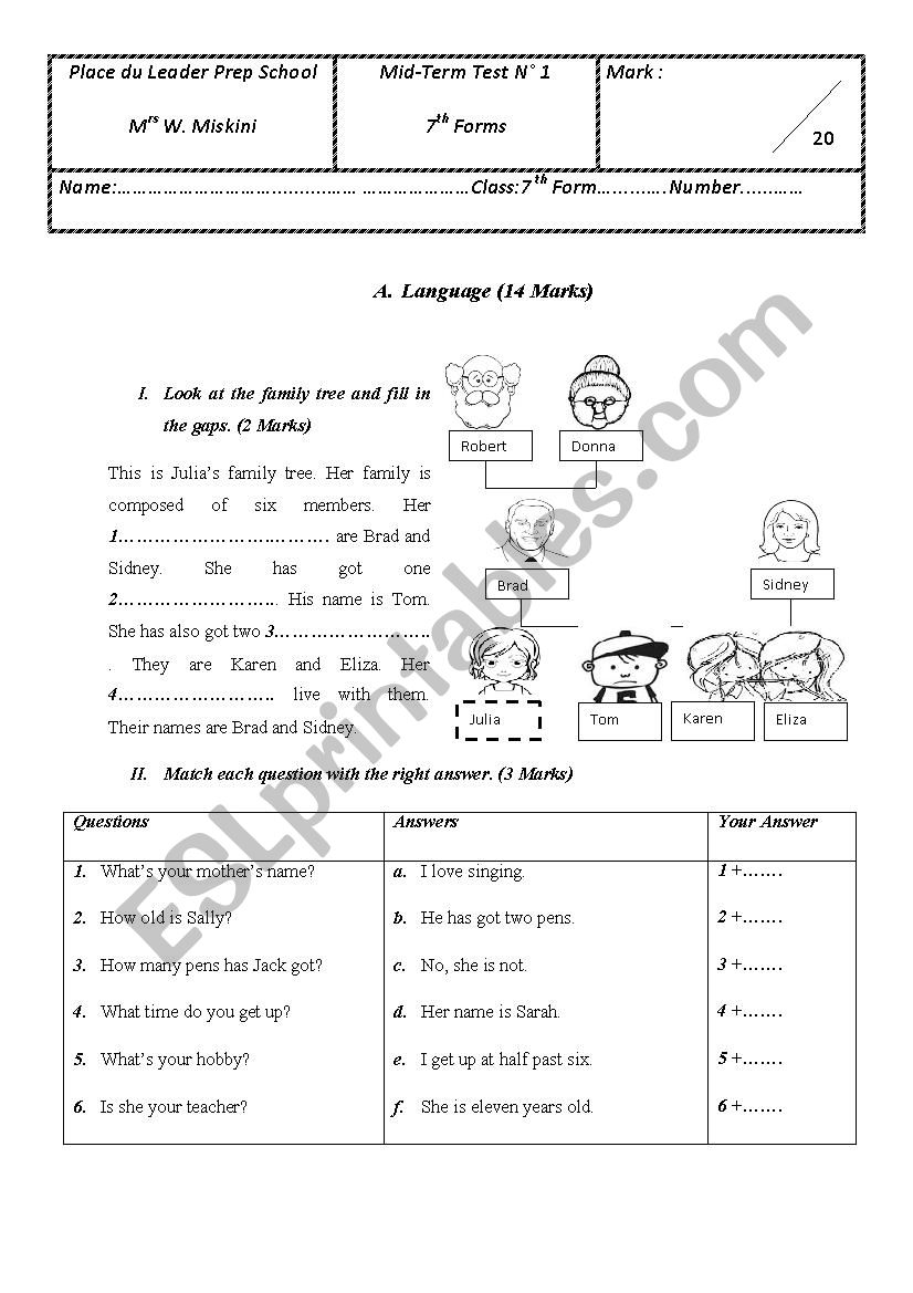 Test  7th form 1 worksheet