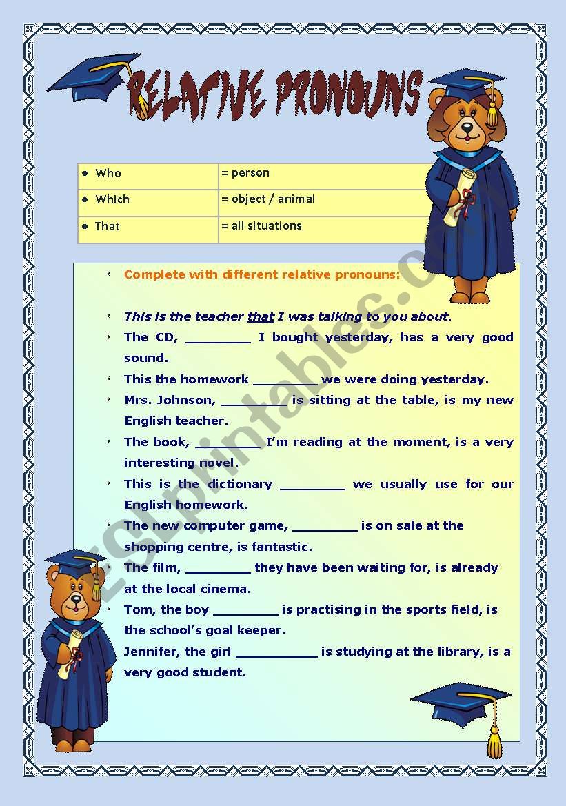 Relative pronouns worksheet