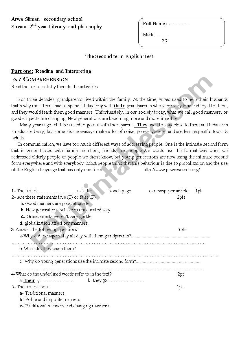 signs of the time test worksheet