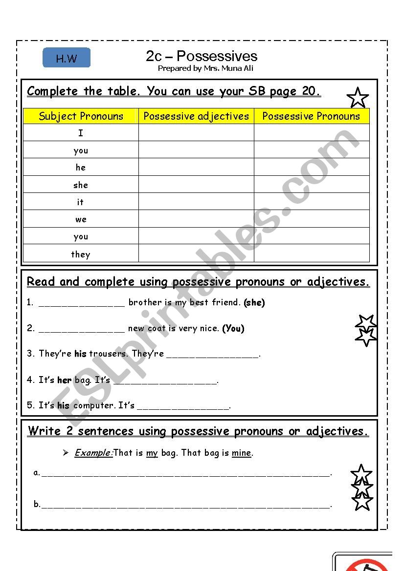 possessives worksheet