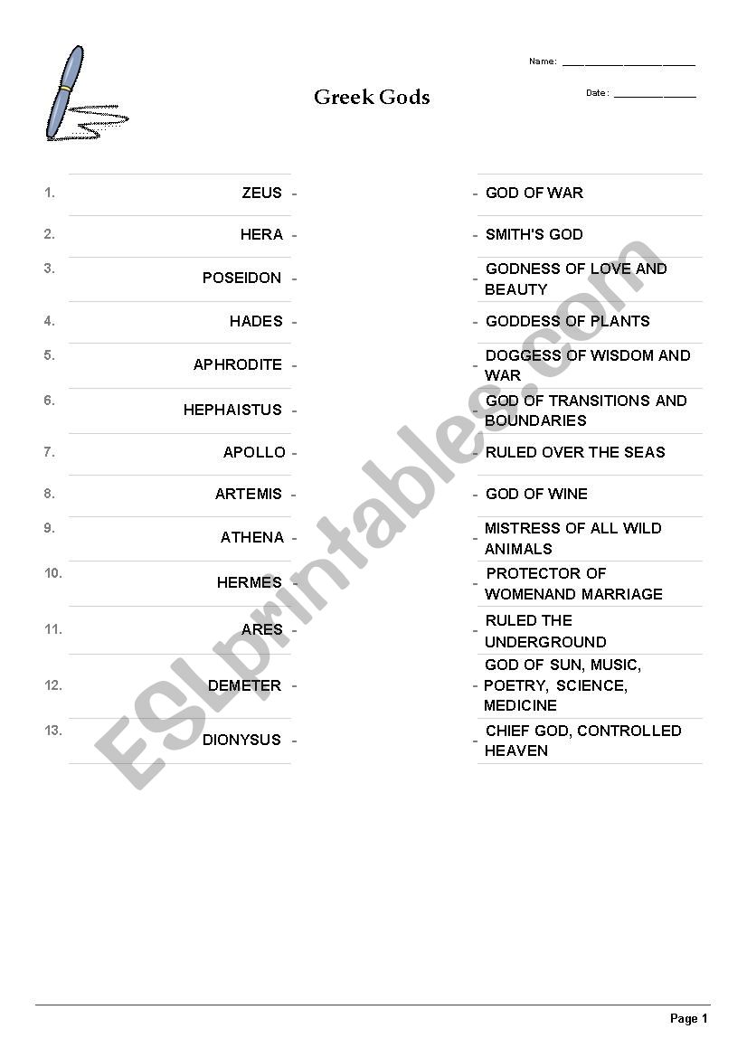 Greek Gods matching sheet worksheet