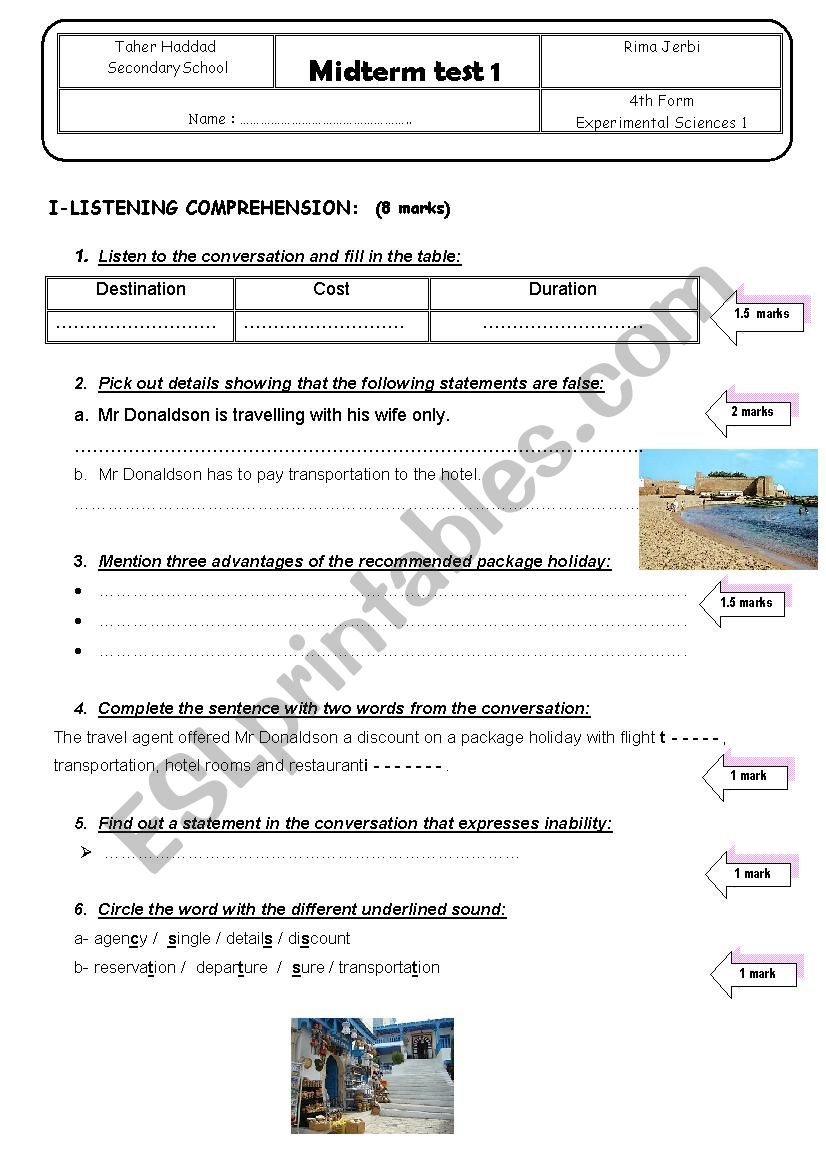 4th form Sciences mid term test 1 