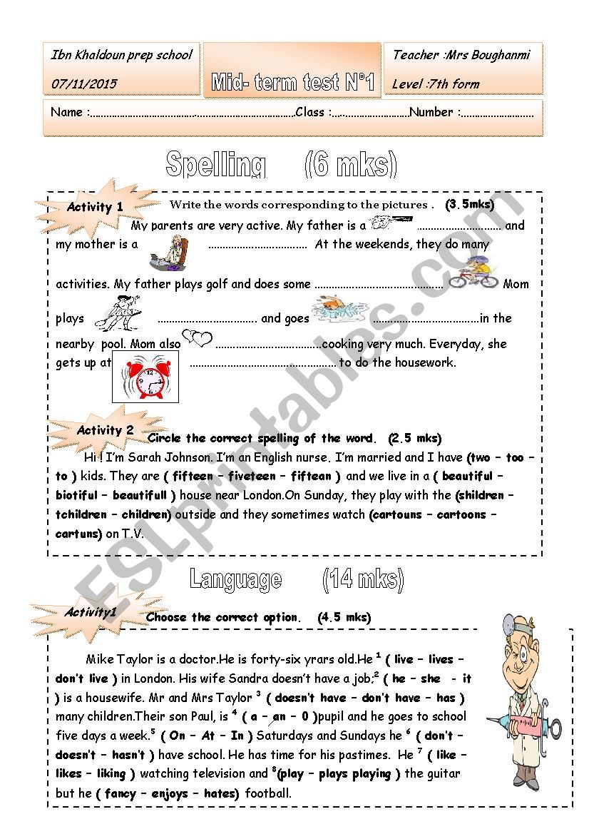 mid-term test1   7thformers worksheet