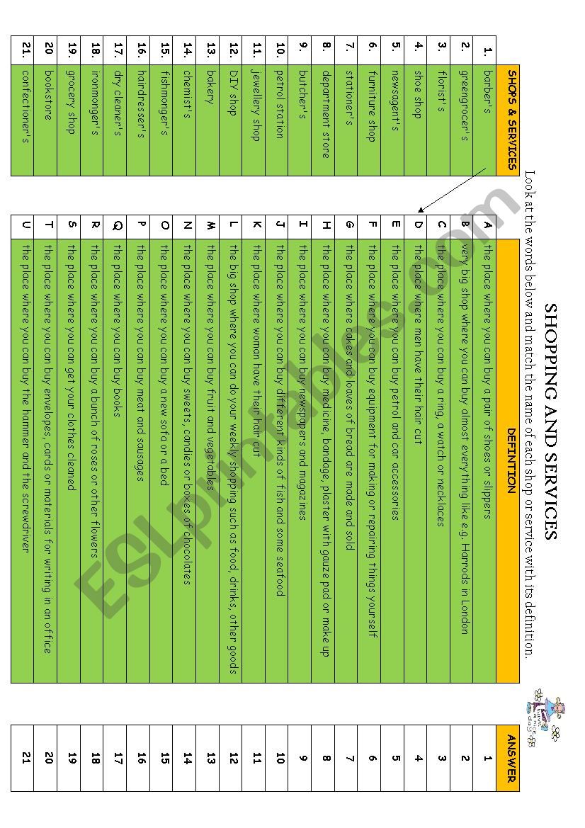 SHOPPiNG AND SERViCES worksheet